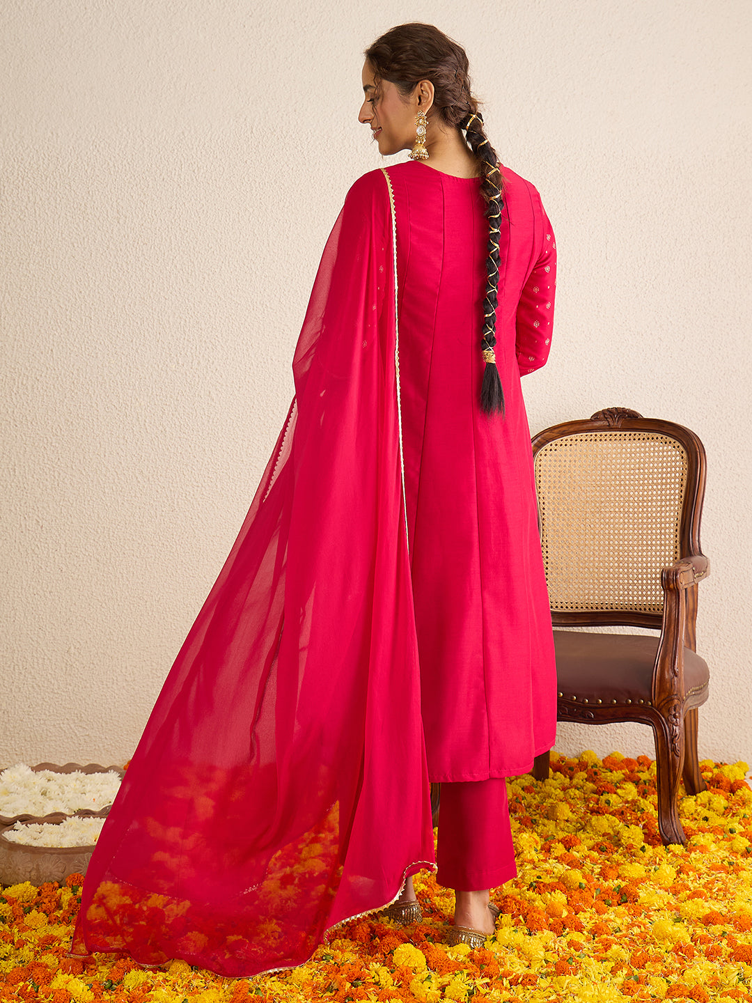 Janasya Women's Pink Silk Blend Zari Yoke Embroidered Gold Foil Printed Anarkali Kurta Set