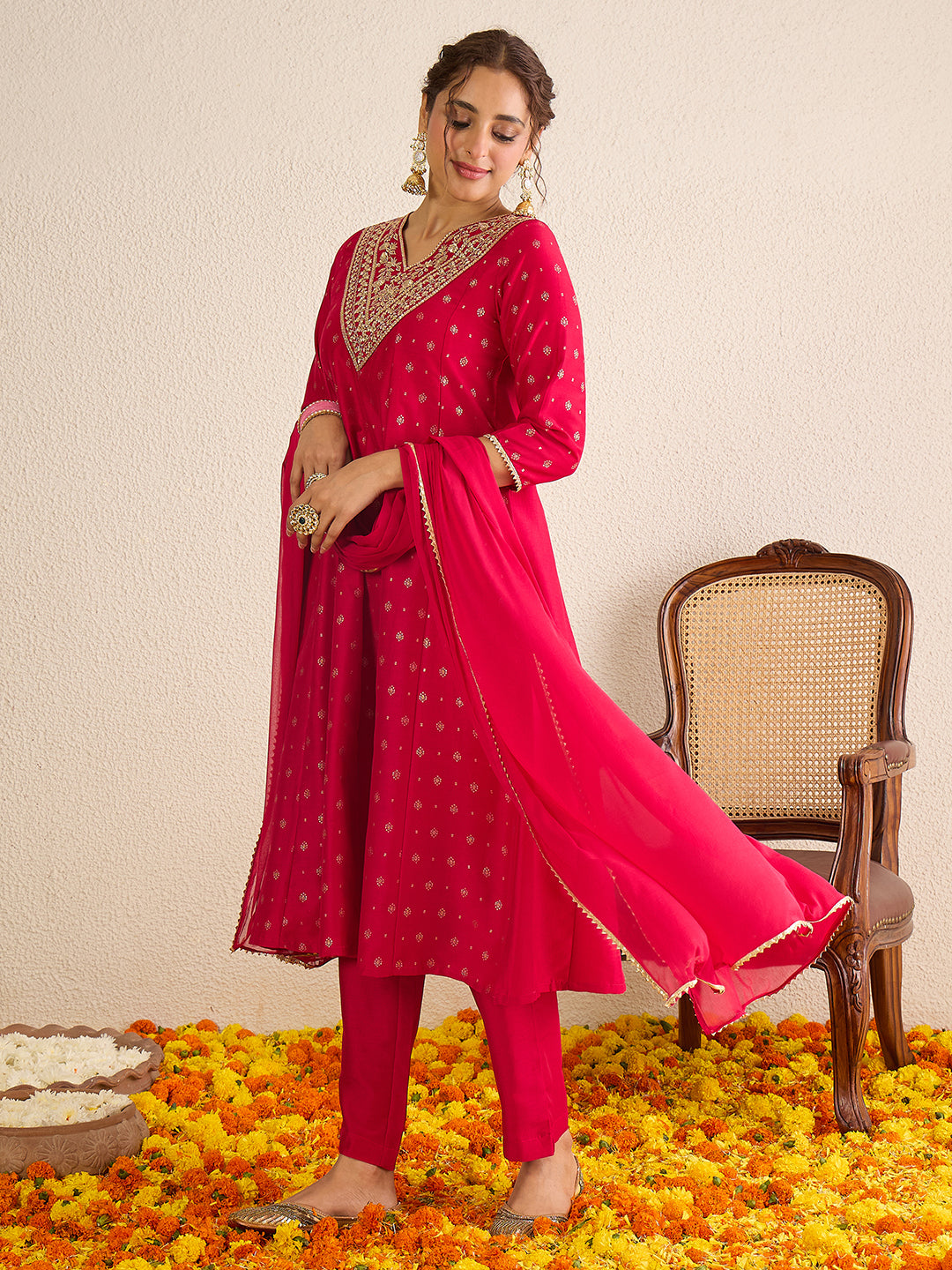 Janasya Women's Pink Silk Blend Zari Yoke Embroidered Gold Foil Printed Anarkali Kurta Set
