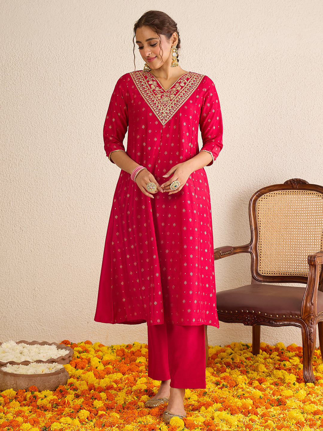 Janasya Women's Pink Silk Blend Zari Yoke Embroidered Gold Foil Printed Anarkali Kurta Set