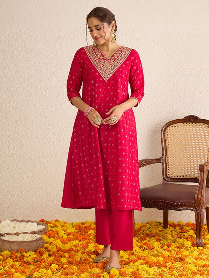 Janasya Women's Pink Silk Blend Zari Yoke Embroidered Gold Foil Printed Anarkali Kurta Set
