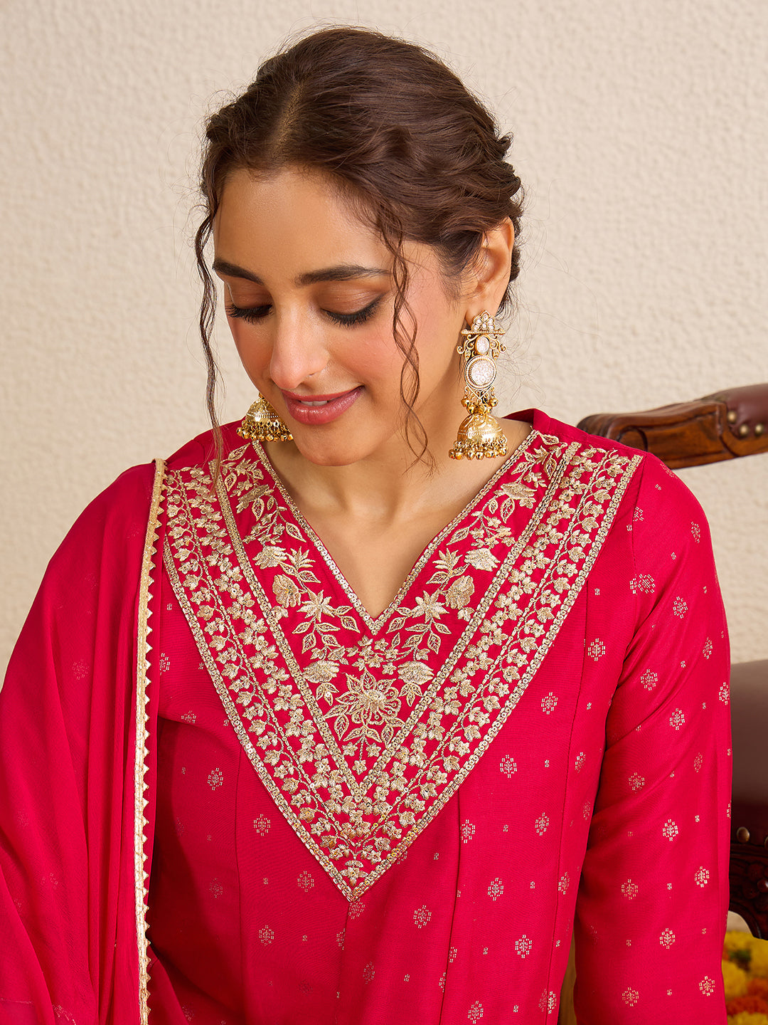 Janasya Women's Pink Silk Blend Zari Yoke Embroidered Gold Foil Printed Anarkali Kurta Set