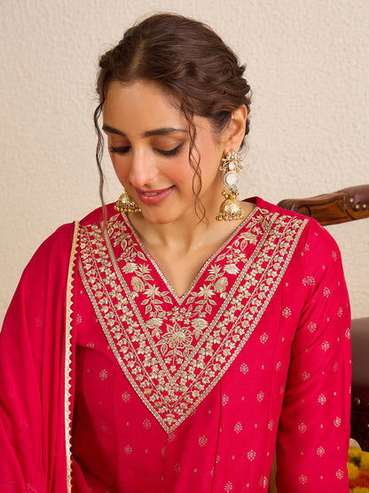 Janasya Women's Pink Silk Blend Zari Yoke Embroidered Gold Foil Printed Anarkali Kurta Set