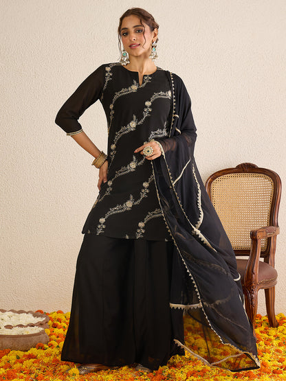 Janasya Women's Black Georgette Floral Zari Embroidered Straight Kurta with Sharara and Dupatta Set