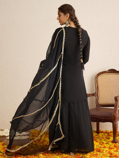 Janasya Women's Black Georgette Floral Zari Embroidered Straight Kurta with Sharara and Dupatta Set
