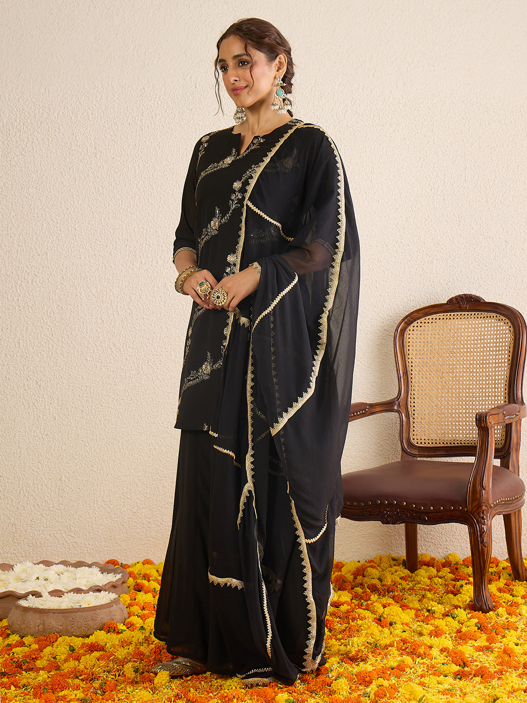 Janasya Women's Black Georgette Floral Zari Embroidered Straight Kurta with Sharara and Dupatta Set