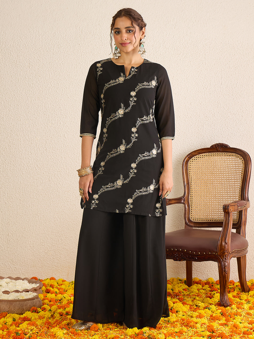 Janasya Women's Black Georgette Floral Zari Embroidered Straight Kurta with Sharara and Dupatta Set