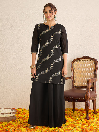 Janasya Women's Black Georgette Floral Zari Embroidered Straight Kurta with Sharara and Dupatta Set
