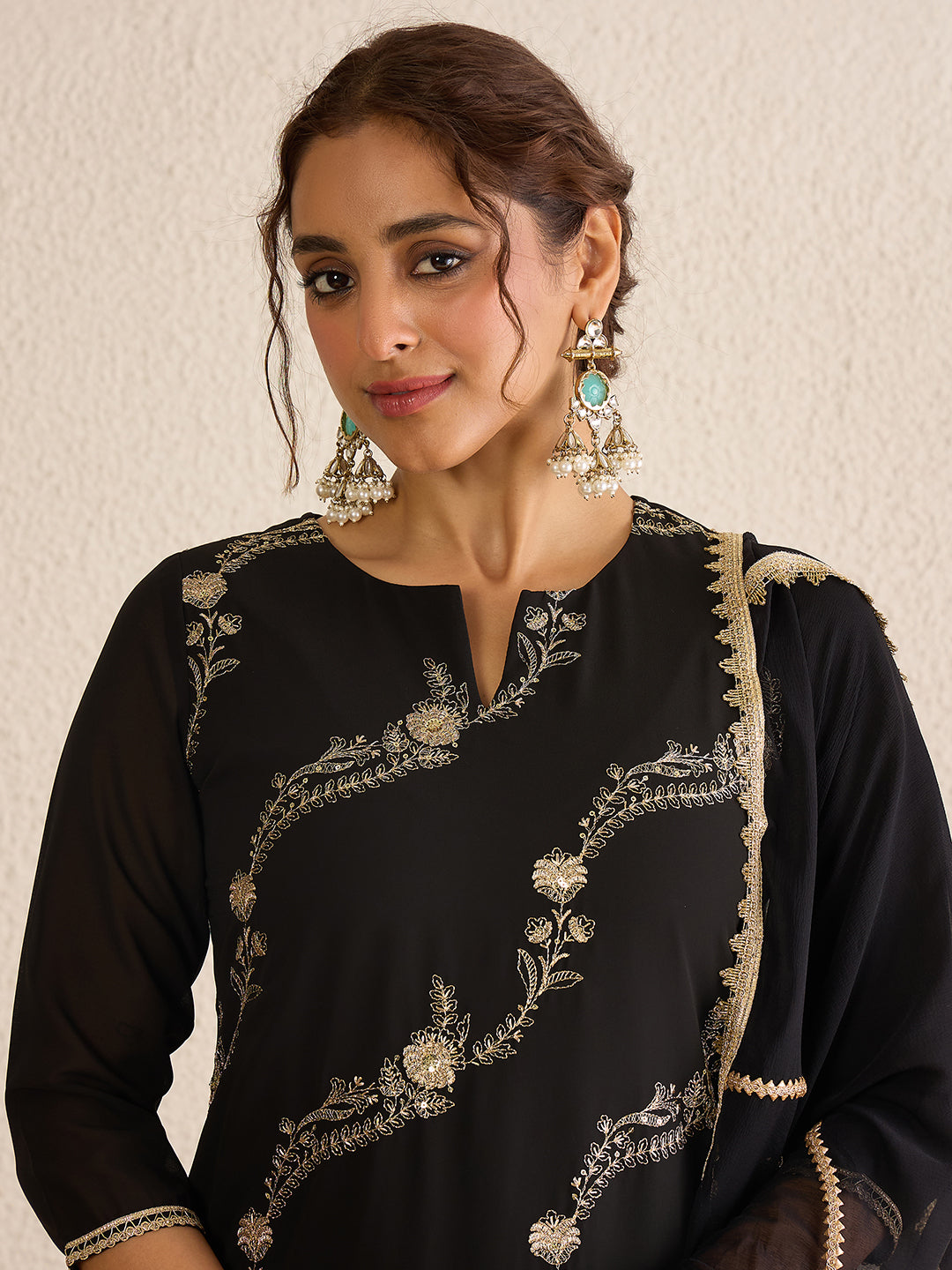 Janasya Women's Black Georgette Floral Zari Embroidered Straight Kurta with Sharara and Dupatta Set