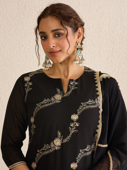 Janasya Women's Black Georgette Floral Zari Embroidered Straight Kurta with Sharara and Dupatta Set