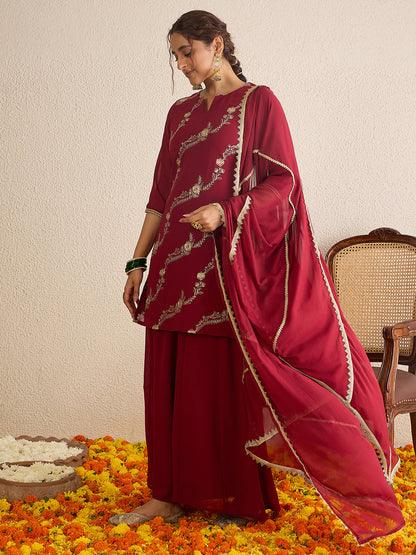 Janasya Women's Maroon Georgette Floral Zari Embroidered Kurta with Sharara and Dupatta Set