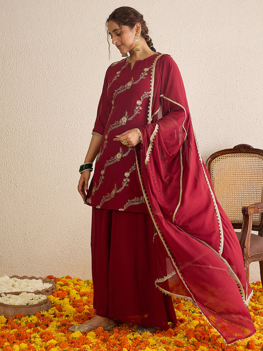 Janasya Women's Maroon Georgette Floral Zari Embroidered Kurta with Sharara and Dupatta Set