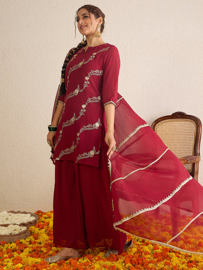 Janasya Women's Maroon Georgette Floral Zari Embroidered Kurta with Sharara and Dupatta Set