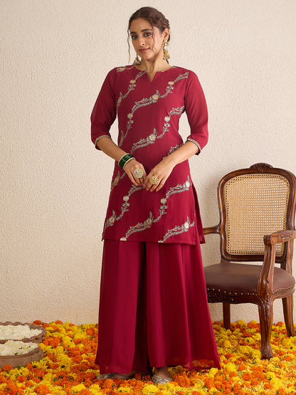 Janasya Women's Maroon Georgette Floral Zari Embroidered Kurta with Sharara and Dupatta Set