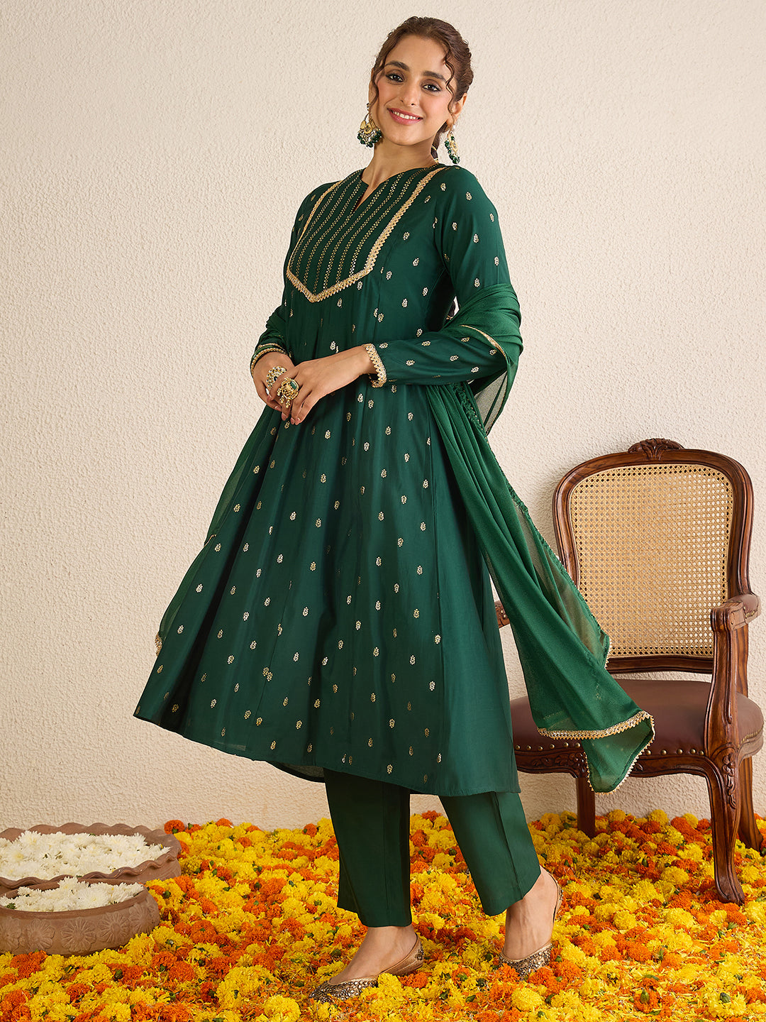 Janasya Women's Dark Green Chanderi Silk Embellished Gold Foil Printed Anarkali Kurta Set