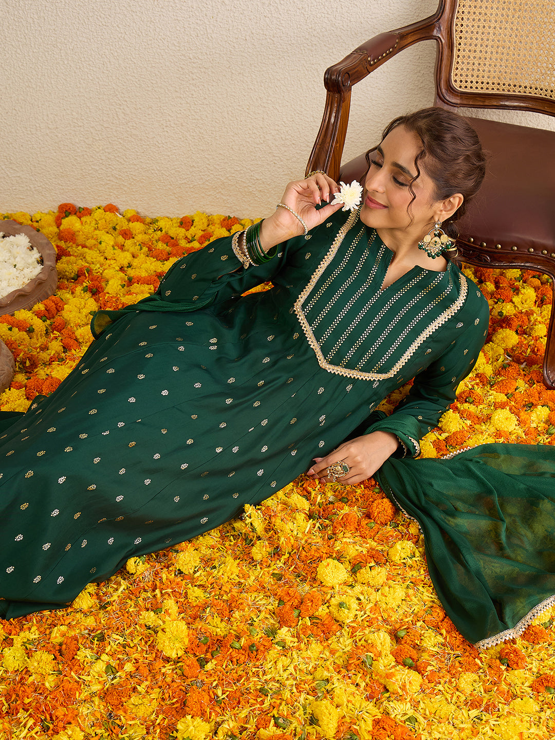 Janasya Women's Dark Green Chanderi Silk Embellished Gold Foil Printed Anarkali Kurta Set