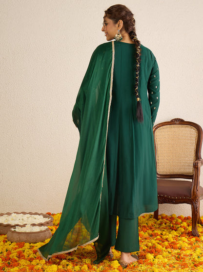 Janasya Women's Dark Green Chanderi Silk Embellished Gold Foil Printed Anarkali Kurta Set