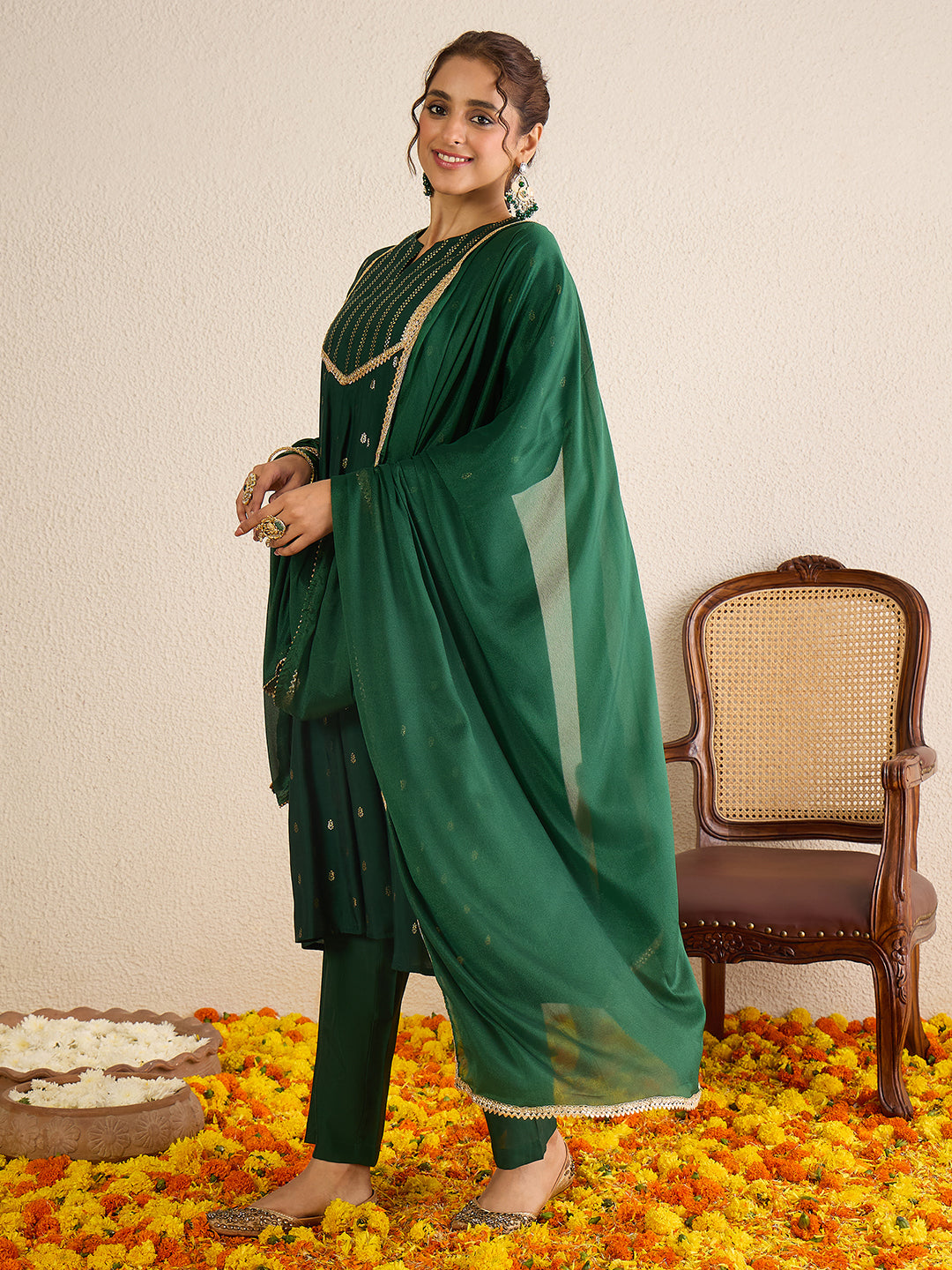 Janasya Women's Dark Green Chanderi Silk Embellished Gold Foil Printed Anarkali Kurta Set