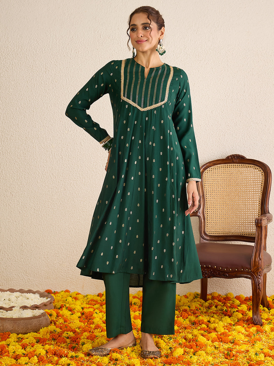 Janasya Women's Dark Green Chanderi Silk Embellished Gold Foil Printed Anarkali Kurta Set