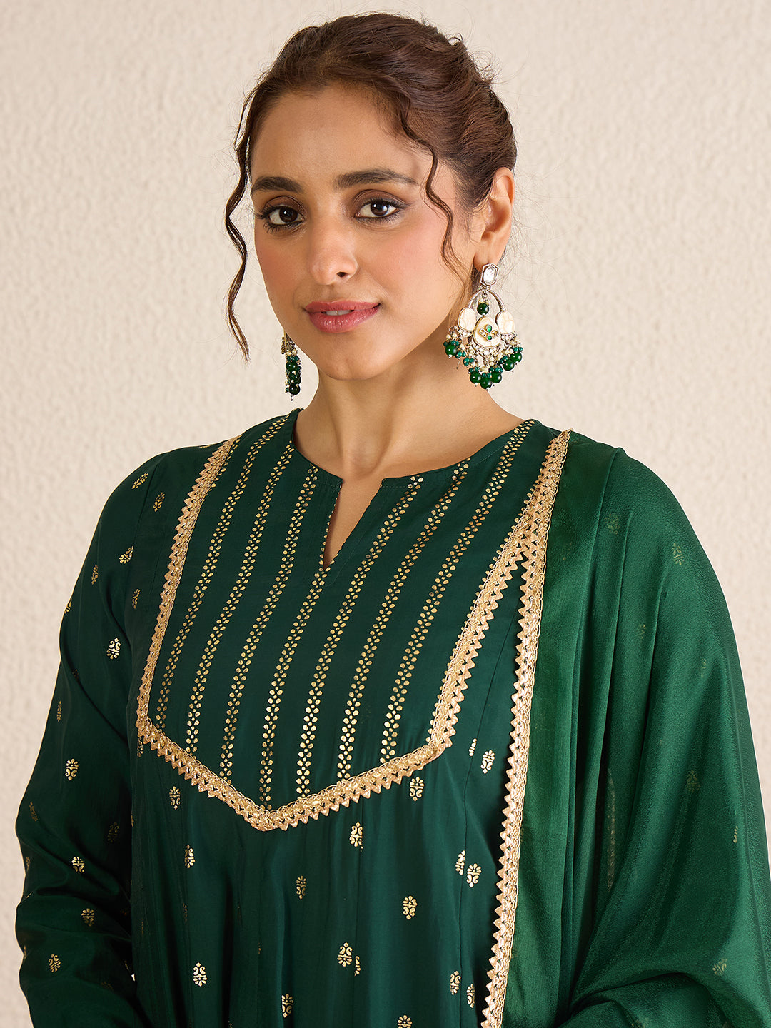 Janasya Women's Dark Green Chanderi Silk Embellished Gold Foil Printed Anarkali Kurta Set