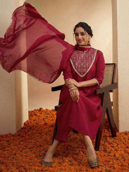 Janasya Women's Maroon Chanderi Silk Embroidered Anarkali Kurta Set