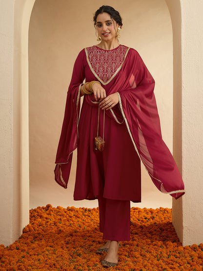 Janasya Women's Maroon Chanderi Silk Embroidered Anarkali Kurta Set