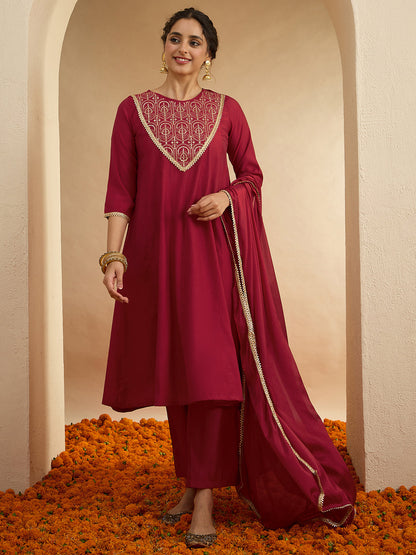 Janasya Women's Maroon Chanderi Silk Embroidered Anarkali Kurta Set