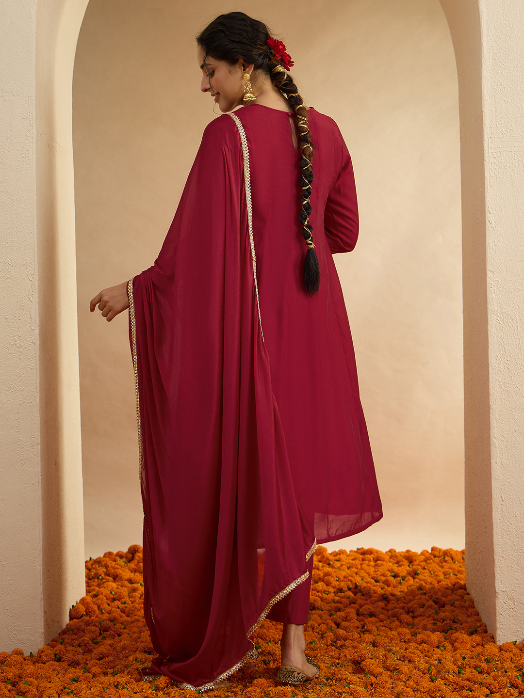 Janasya Women's Maroon Chanderi Silk Embroidered Anarkali Kurta Set