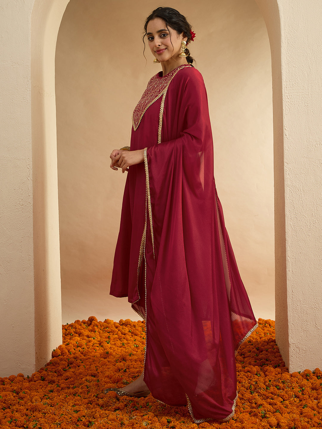 Janasya Women's Maroon Chanderi Silk Embroidered Anarkali Kurta Set