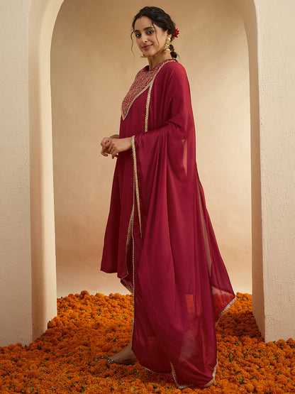 Janasya Women's Maroon Chanderi Silk Embroidered Anarkali Kurta Set