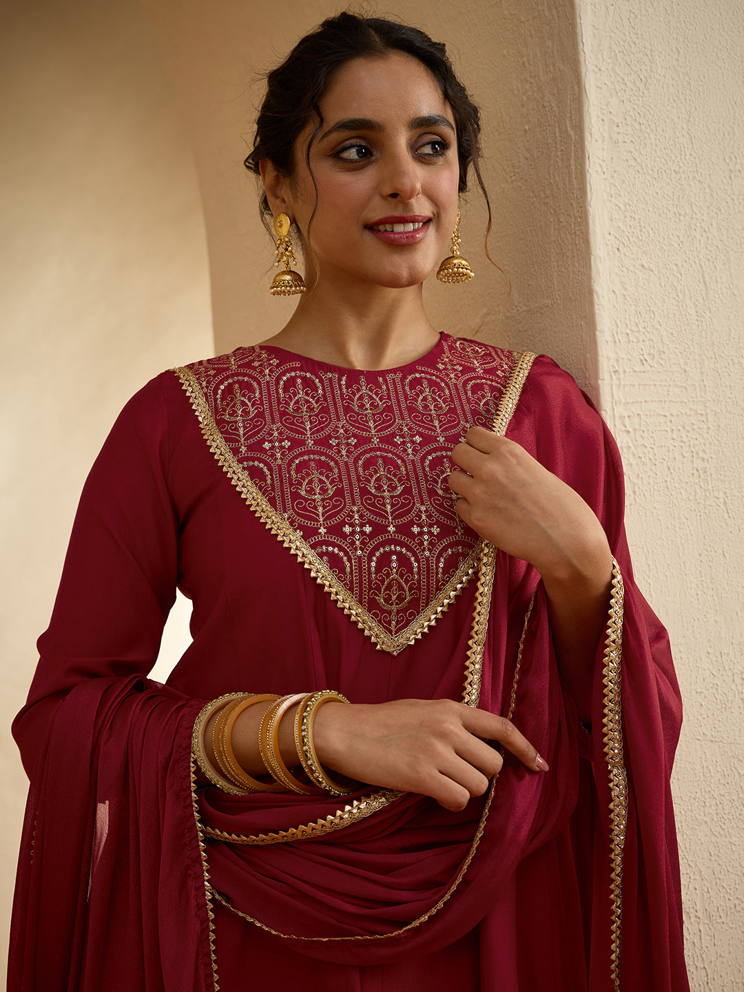 Janasya Women's Maroon Chanderi Silk Embroidered Anarkali Kurta Set