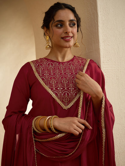 Janasya Women's Maroon Chanderi Silk Embroidered Anarkali Kurta Set