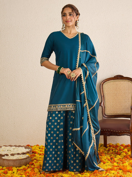 Janasya Women's Teal Blue Silk Blend Embellished Straight Kurta with Sharara and Dupatta Set