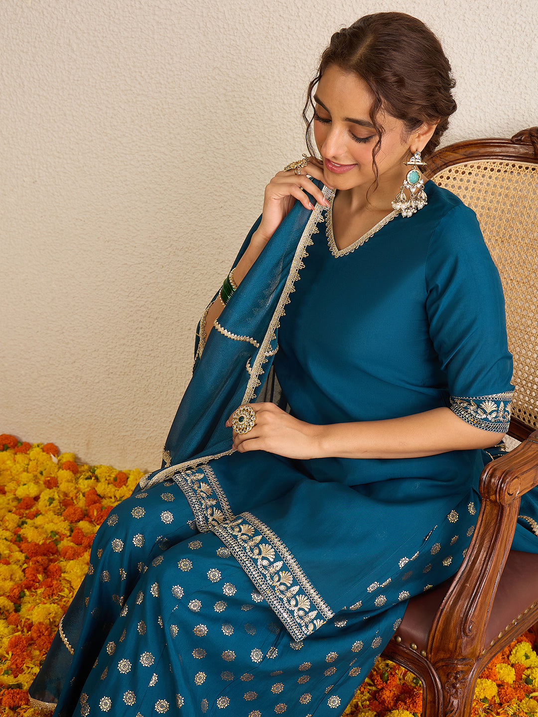 Janasya Women's Teal Blue Silk Blend Embellished Straight Kurta with Sharara and Dupatta Set