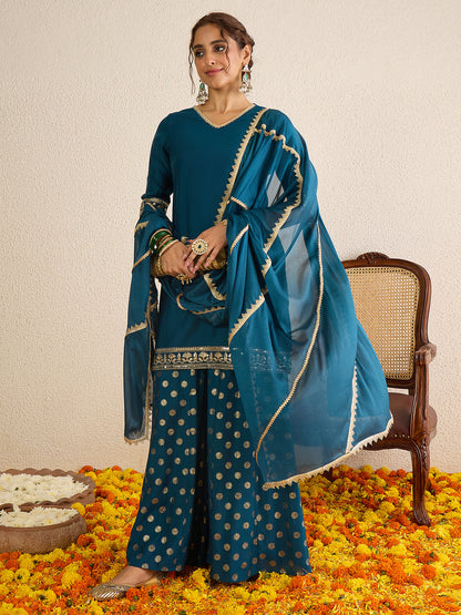Janasya Women's Teal Blue Silk Blend Embellished Straight Kurta with Sharara and Dupatta Set