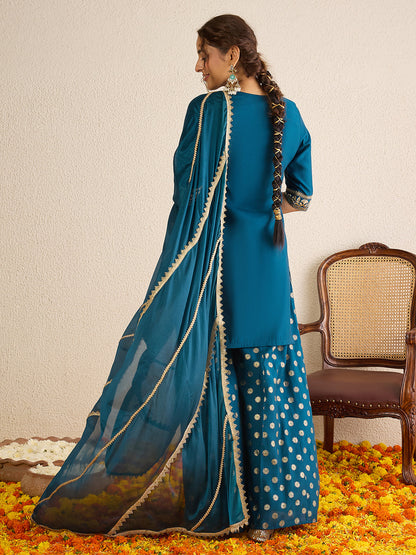 Janasya Women's Teal Blue Silk Blend Embellished Straight Kurta with Sharara and Dupatta Set