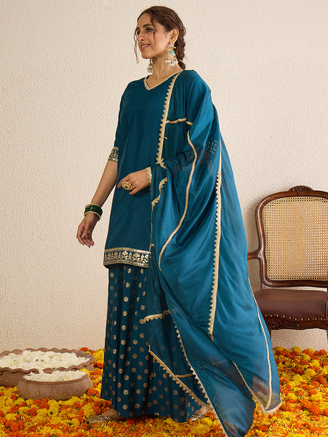 Janasya Women's Teal Blue Silk Blend Embellished Straight Kurta with Sharara and Dupatta Set