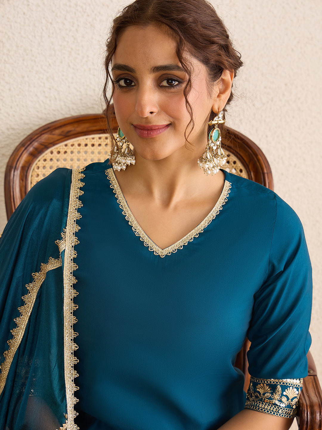 Janasya Women's Teal Blue Silk Blend Embellished Straight Kurta with Sharara and Dupatta Set
