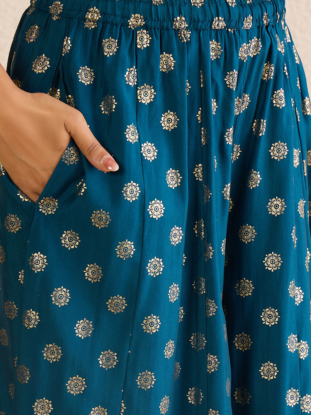 Janasya Women's Teal Blue Silk Blend Embellished Straight Kurta with Sharara and Dupatta Set