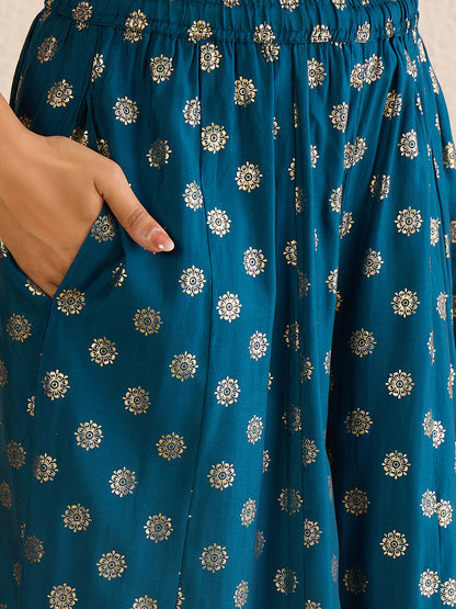 Janasya Women's Teal Blue Silk Blend Embellished Straight Kurta with Sharara and Dupatta Set