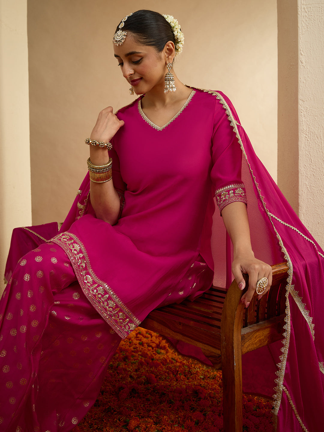 Janasya Women's Pink Silk Blend Embellished Straight Kurta with Sharara and Dupatta Set