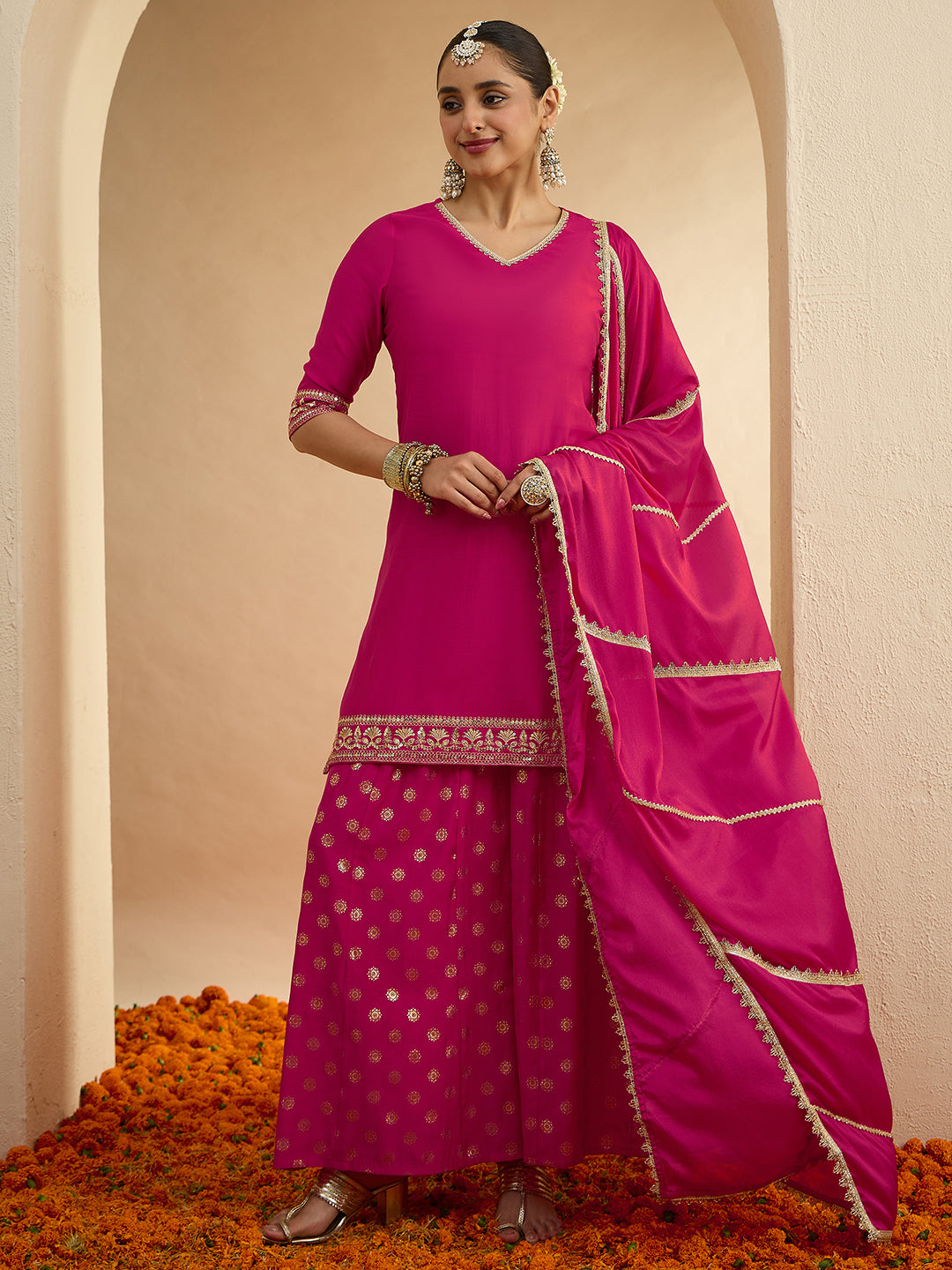 Janasya Women's Pink Silk Blend Embellished Straight Kurta with Sharara and Dupatta Set