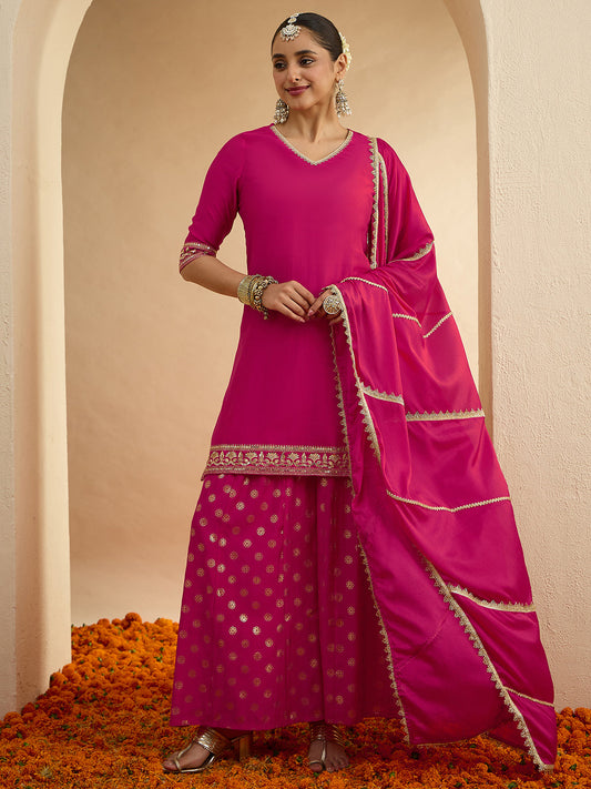 Janasya Women's Pink Silk Blend Embellished Straight Kurta with Sharara and Dupatta Set