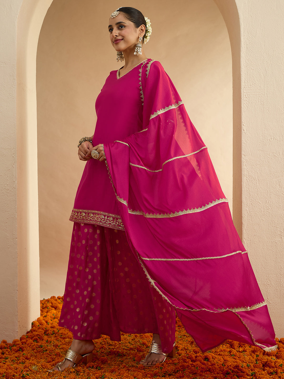 Janasya Women's Pink Silk Blend Embellished Straight Kurta with Sharara and Dupatta Set