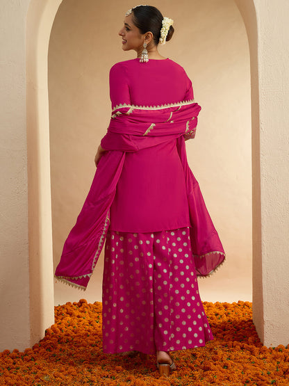 Janasya Women's Pink Silk Blend Embellished Straight Kurta with Sharara and Dupatta Set