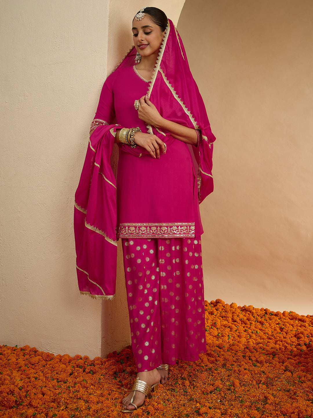 Janasya Women's Pink Silk Blend Embellished Straight Kurta with Sharara and Dupatta Set