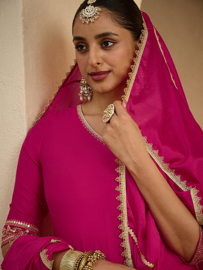 Janasya Women's Pink Silk Blend Embellished Straight Kurta with Sharara and Dupatta Set