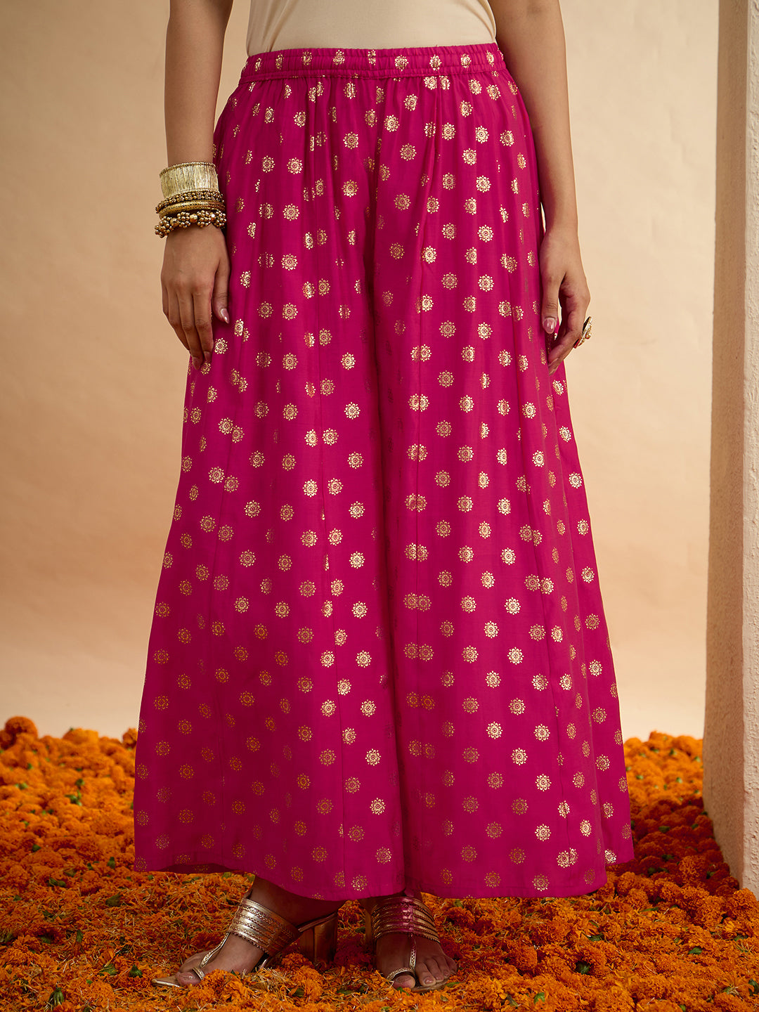 Janasya Women's Pink Silk Blend Embellished Straight Kurta with Sharara and Dupatta Set