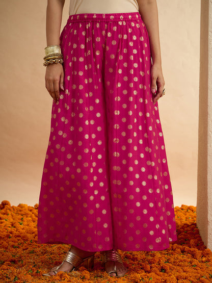 Janasya Women's Pink Silk Blend Embellished Straight Kurta with Sharara and Dupatta Set