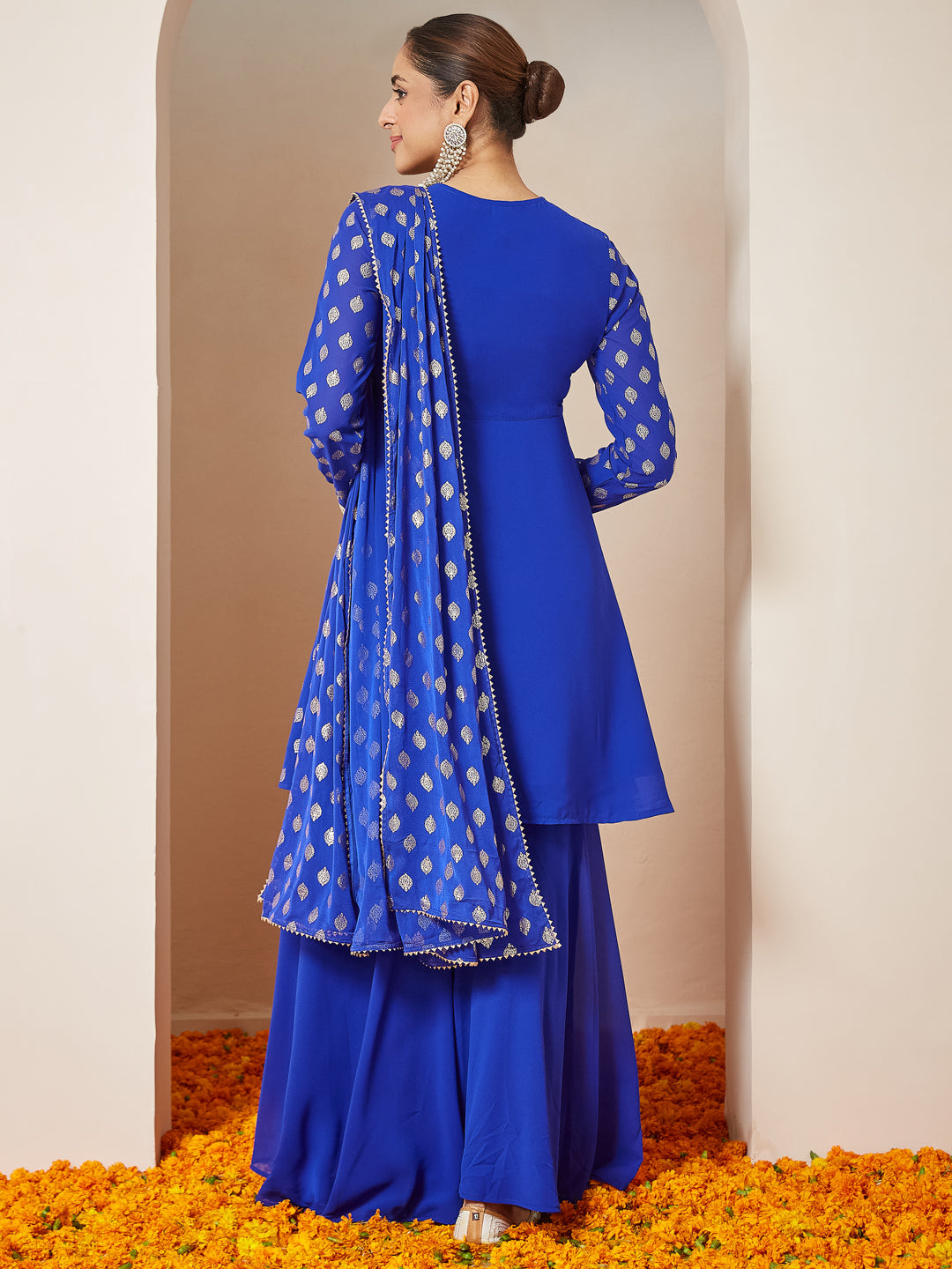 Janasya Women's Royal Blue Georgette Embellished Gold Printed A-line Kurta With Sharara & Dupatta Set