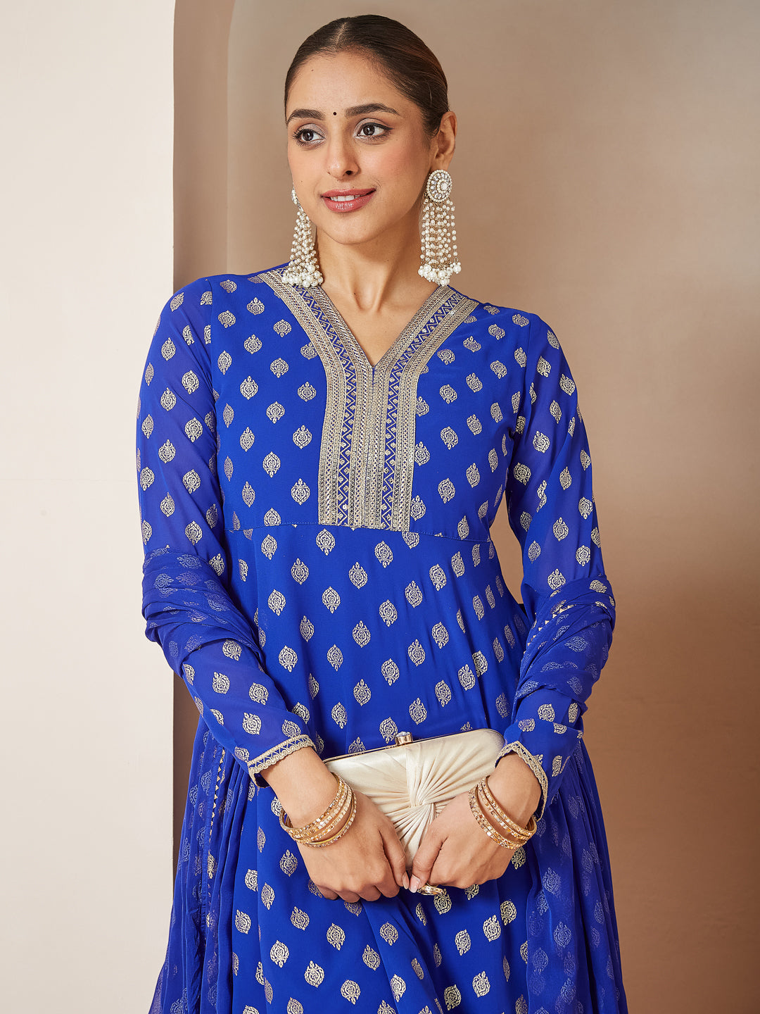 Janasya Women's Royal Blue Georgette Embellished Gold Printed A-line Kurta With Sharara & Dupatta Set